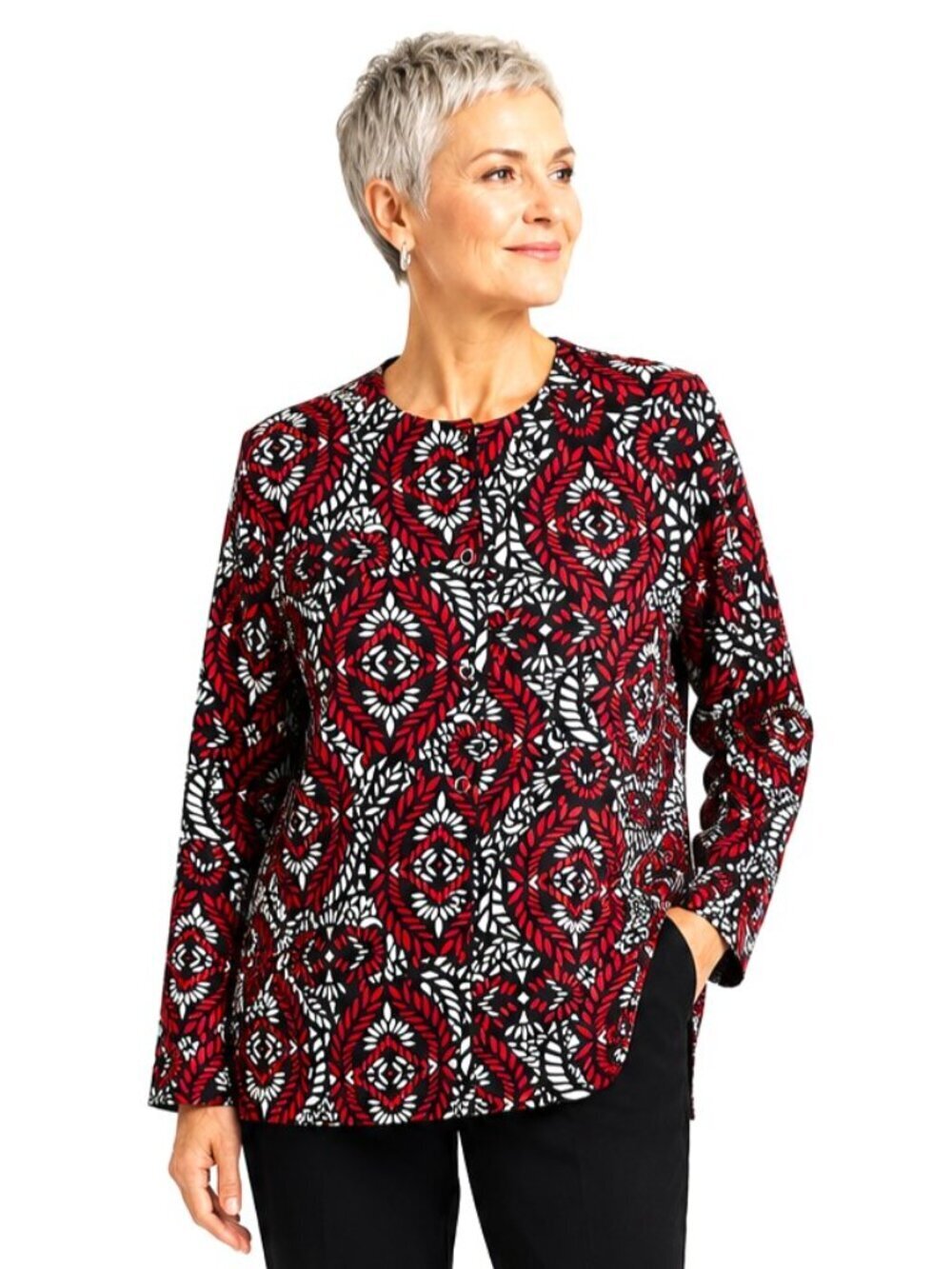 Liz & Me Red, Black & White Print LS Cardigan